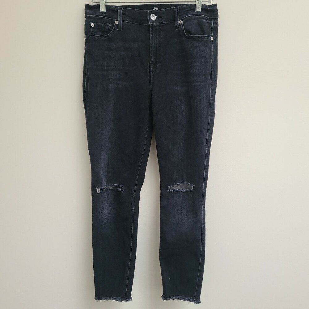 7 For All Mankind High Waisted Ankle Skinny Jeans Distress Knee Black Sz 29